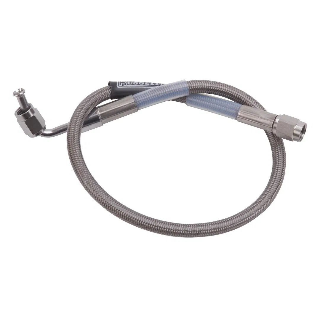 655030 – RUSSELL/EDEL Brake Line, Braided Stainless Steel -3 AN Hose/ One Straight End/ One 90 Degree End 15 Inch Len...